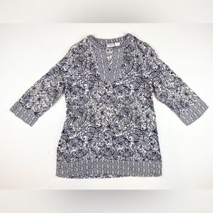 Sigrid Olsen 100% Linen Blouse Tunic Navy White Classic Natural Coastal, small